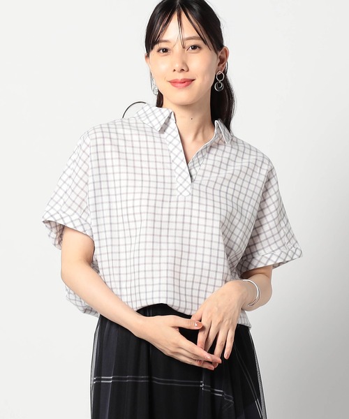 Grand PARK（グランドパーク）の「柔らかさわやか リネンシャツ　チェック柄（シャツ/ブラウス・レディース・ベージュ/ブラック/グレー・FREE）」の2枚目の写真