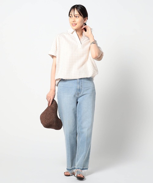 Grand PARK（グランドパーク）の「柔らかさわやか リネンシャツ　チェック柄（シャツ/ブラウス・レディース・ベージュ/ブラック/グレー・FREE）」の4枚目の写真