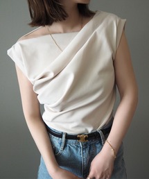 asymmetry shoulder drape tops /アシンメトリーショルダータックドレープトップス