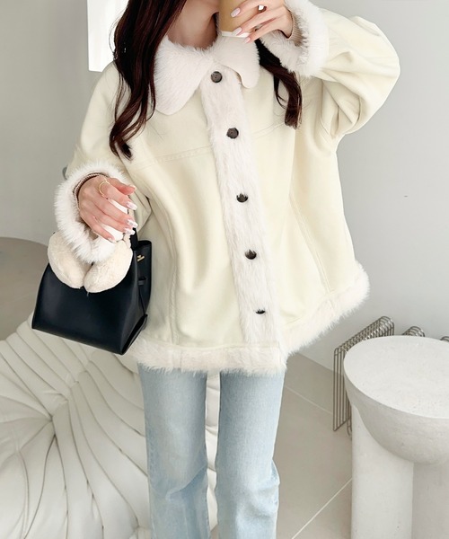 mily bilet(ミウィビレット)の「【mily bilet】甘さと気品で冬を楽しむ。ファー切り替えスウェードライクコート(ミドル丈)(ムートンコート・レディース・モカ/アイボリー/ブラック・X-LARGE/SMALL/MEDIUM/LARGE)」の14枚目の写真