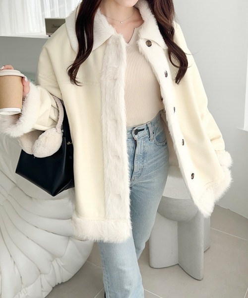 mily bilet(ミウィビレット)の「【mily bilet】甘さと気品で冬を楽しむ。ファー切り替えスウェードライクコート(ミドル丈)(ムートンコート・レディース・モカ/アイボリー/ブラック・X-LARGE/SMALL/MEDIUM/LARGE)」の15枚目の写真