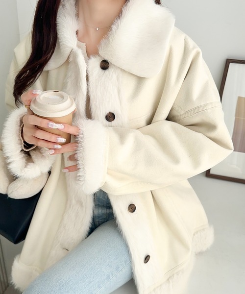 mily bilet(ミウィビレット)の「【mily bilet】甘さと気品で冬を楽しむ。ファー切り替えスウェードライクコート(ミドル丈)(ムートンコート・レディース・モカ/アイボリー/ブラック・X-LARGE/SMALL/MEDIUM/LARGE)」の16枚目の写真