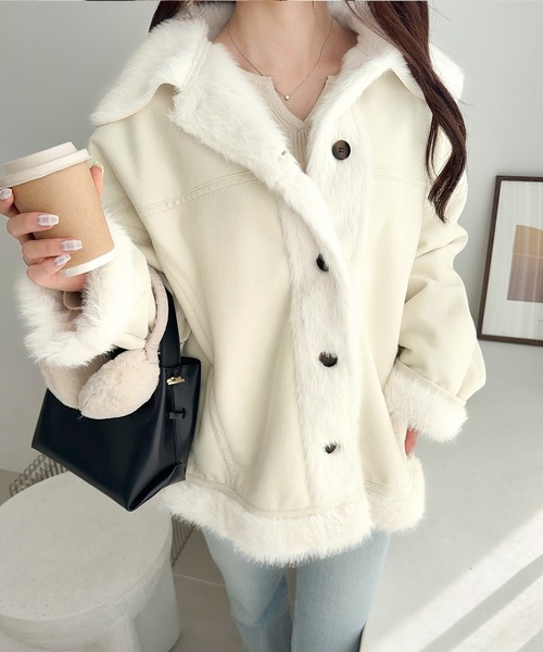 mily bilet(ミウィビレット)の「【mily bilet】甘さと気品で冬を楽しむ。ファー切り替えスウェードライクコート(ミドル丈)(ムートンコート・レディース・モカ/アイボリー/ブラック・X-LARGE/SMALL/MEDIUM/LARGE)」の19枚目の写真