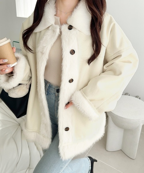 mily bilet(ミウィビレット)の「【mily bilet】甘さと気品で冬を楽しむ。ファー切り替えスウェードライクコート(ミドル丈)(ムートンコート・レディース・モカ/アイボリー/ブラック・X-LARGE/SMALL/MEDIUM/LARGE)」の18枚目の写真