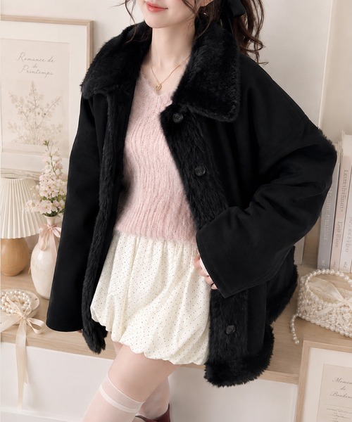 mily bilet(ミウィビレット)の「【mily bilet】甘さと気品で冬を楽しむ。ファー切り替えスウェードライクコート(ミドル丈)(ムートンコート・レディース・モカ/アイボリー/ブラック・X-LARGE/SMALL/MEDIUM/LARGE)」の5枚目の写真