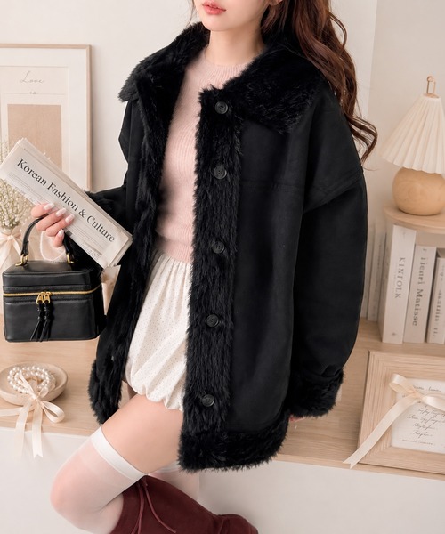 mily bilet(ミウィビレット)の「【mily bilet】甘さと気品で冬を楽しむ。ファー切り替えスウェードライクコート(ミドル丈)(ムートンコート・レディース・モカ/アイボリー/ブラック・X-LARGE/SMALL/MEDIUM/LARGE)」の7枚目の写真