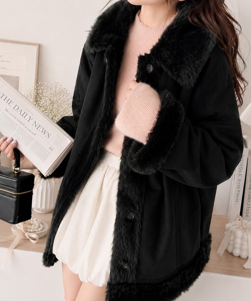 mily bilet(ミウィビレット)の「【mily bilet】甘さと気品で冬を楽しむ。ファー切り替えスウェードライクコート(ミドル丈)(ムートンコート・レディース・モカ/アイボリー/ブラック・X-LARGE/SMALL/MEDIUM/LARGE)」の8枚目の写真