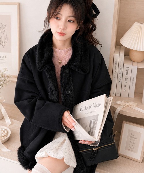 mily bilet(ミウィビレット)の「【mily bilet】甘さと気品で冬を楽しむ。ファー切り替えスウェードライクコート(ミドル丈)(ムートンコート・レディース・モカ/アイボリー/ブラック・X-LARGE/SMALL/MEDIUM/LARGE)」の6枚目の写真