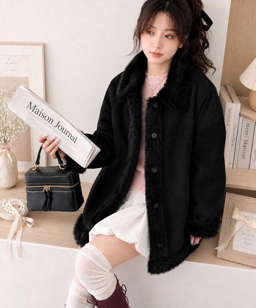 mily bilet(ミウィビレット)の「【mily bilet】甘さと気品で冬を楽しむ。ファー切り替えスウェードライクコート(ミドル丈)(ムートンコート・レディース・モカ/アイボリー/ブラック・X-LARGE/SMALL/MEDIUM/LARGE)」の9枚目の写真