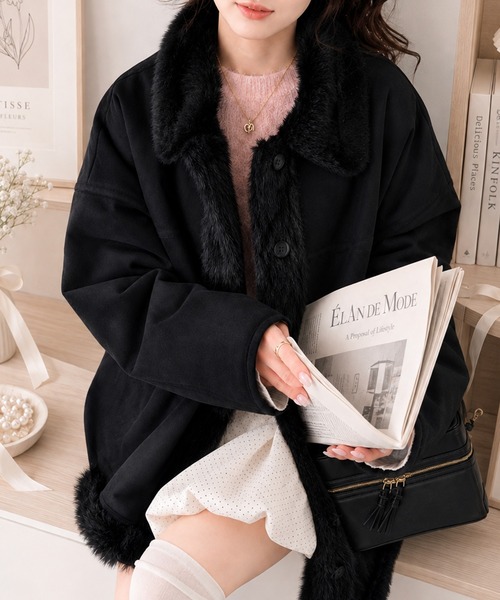 mily bilet(ミウィビレット)の「【mily bilet】甘さと気品で冬を楽しむ。ファー切り替えスウェードライクコート(ミドル丈)(ムートンコート・レディース・モカ/アイボリー/ブラック・X-LARGE/SMALL/MEDIUM/LARGE)」の4枚目の写真