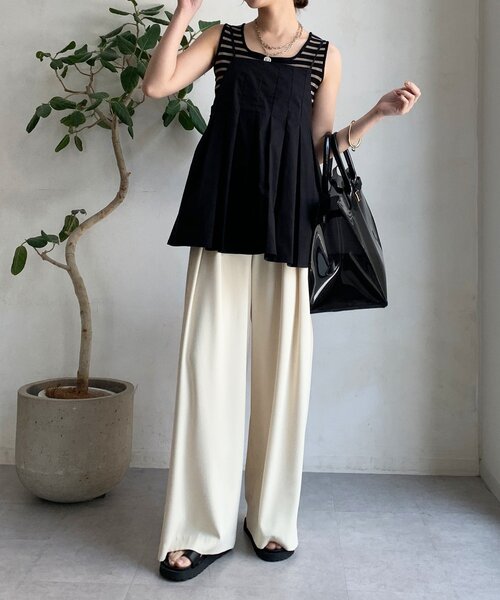 DouDou(ドゥドゥ)の「プリーツチュニックキャミ(シャツ/ブラウス・レディース・ブラック/ベージュ・FREE)」の4枚目の写真