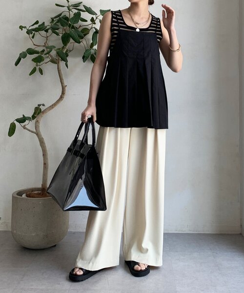 DouDou(ドゥドゥ)の「プリーツチュニックキャミ(シャツ/ブラウス・レディース・ブラック/ベージュ・FREE)」の5枚目の写真