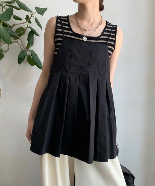 DouDou(ドゥドゥ)の「プリーツチュニックキャミ(シャツ/ブラウス・レディース・ブラック/ベージュ・FREE)」の8枚目の写真