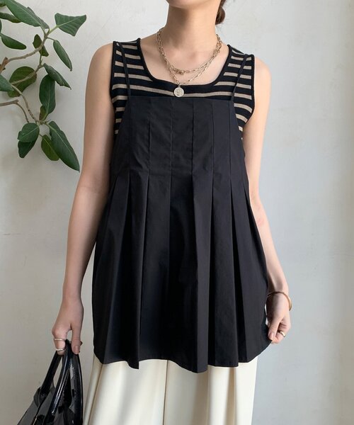 DouDou(ドゥドゥ)の「プリーツチュニックキャミ(シャツ/ブラウス・レディース・ブラック/ベージュ・FREE)」の9枚目の写真