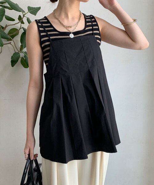 DouDou(ドゥドゥ)の「プリーツチュニックキャミ(シャツ/ブラウス・レディース・ブラック/ベージュ・FREE)」の10枚目の写真