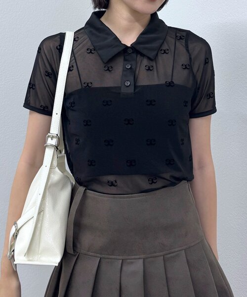 mline（エムライン）の「[mline]プリント チュールポロT（Tシャツ/カットソー・レディース・ブラック/ブラウン・FREE）」の2枚目の写真