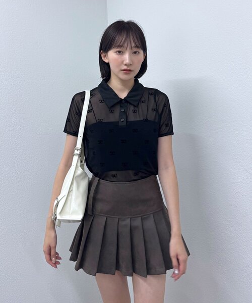 mline（エムライン）の「[mline]プリント チュールポロT（Tシャツ/カットソー・レディース・ブラック/ブラウン・FREE）」の4枚目の写真