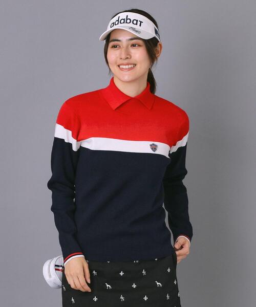 adabat(アダバット)の「【ADABAT NAVY】トリコロールスプリットカラーニット(ニット/セーター・レディース・グリーン/レッド系1・38/42/40)」の10枚目の写真