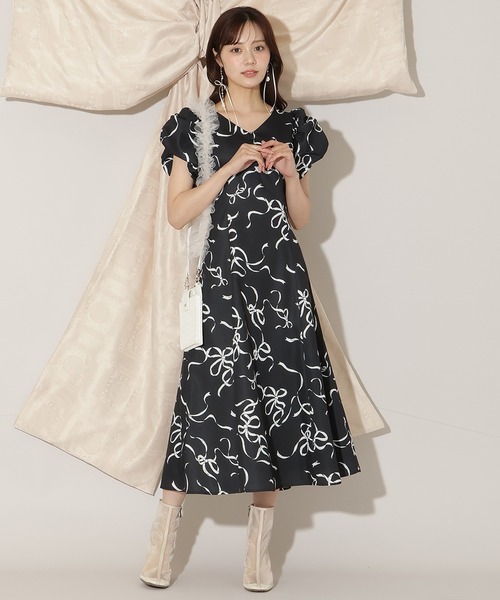 【専用出品】ウィル リボン柄ワンピース ピンク リボンプリントバブルスリーブフレアワンピース（ワンピース