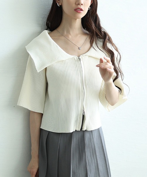 GOLDJAPAN(ゴールドジャパン)の「ビックカラースポンジリブZIPニット【大きいサイズ対応】(ニット/セーター・レディース・オフホワイト/ブラック・LL/3L/4L/5L)」の1枚目の写真