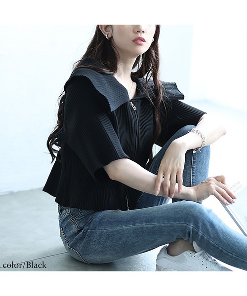 GOLDJAPAN(ゴールドジャパン)の「ビックカラースポンジリブZIPニット【大きいサイズ対応】(ニット/セーター・レディース・オフホワイト/ブラック・LL/3L/4L/5L)」の12枚目の写真