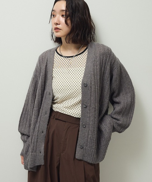 Green　Parks（グリーンパークス）の「シアーニットVネックカーディガン（カーディガン/ボレロ・レディース・オフホワイト/グレー/グリーン/オレンジ・FREE）」の3枚目の写真