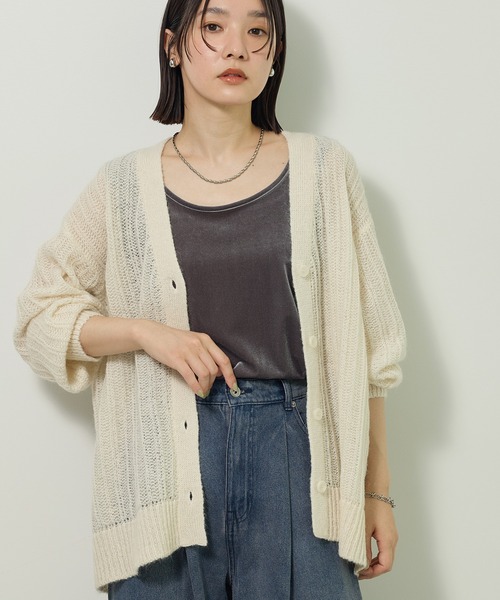 Green　Parks（グリーンパークス）の「シアーニットVネックカーディガン（カーディガン/ボレロ・レディース・オフホワイト/グレー/グリーン/オレンジ・FREE）」の2枚目の写真