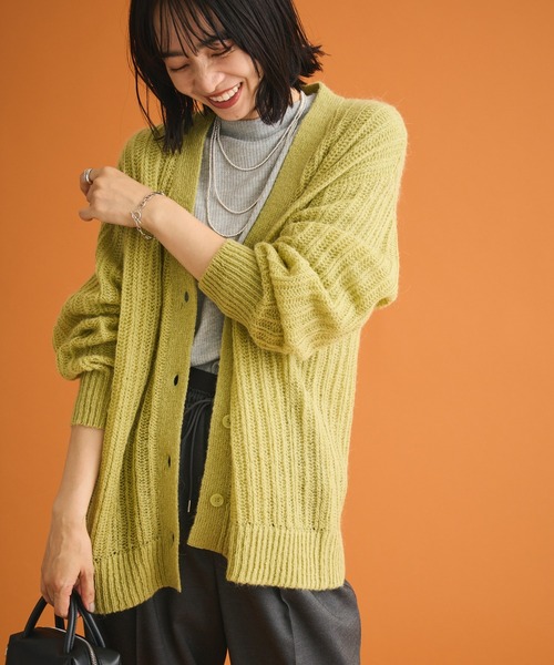 Green　Parks（グリーンパークス）の「シアーニットVネックカーディガン（カーディガン/ボレロ・レディース・オフホワイト/グレー/グリーン/オレンジ・FREE）」の4枚目の写真