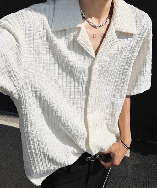 NOWLE(ノウル)の「【NOWLE】リラックスフィット シアサッカーライク オープンカラー 半袖シャツ(シャツ/ブラウス・メンズ・ホワイト/ブラック・MEDIUM/LARGE/X-LARGE)」の6枚目の写真