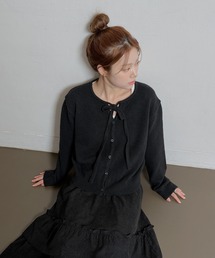 リボン付きブラックニット長袖 ニット/セーター（ブラック/黒色系・リボン）ファッション通販