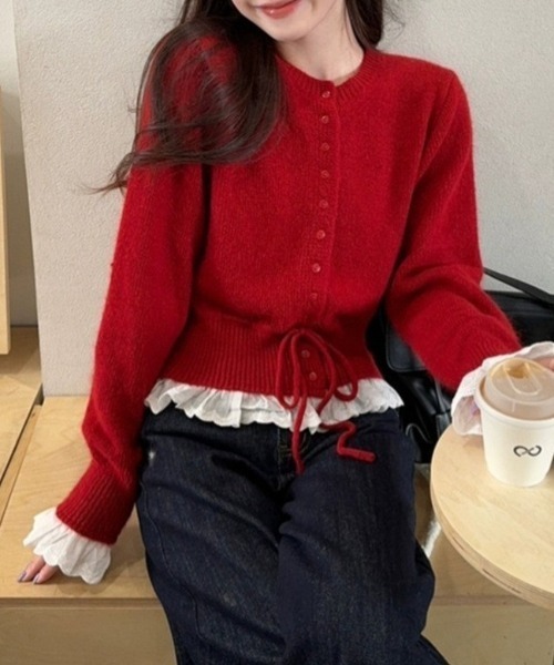 Dream garden(ドリームガーデン)の「ウエストリボン ペプラム風 ニットカーディガン(Tシャツ/カットソー・レディース・パープル/レッド/ホワイト・FREE)」の3枚目の写真