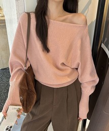 ピンク オフショルダー ニット セーター新品 Riff ニット セーター オフショルダー前ZIPトップス レディース