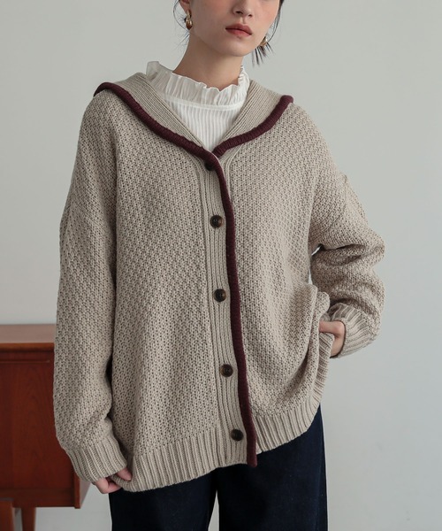 n'OrLABEL(ノアールレーベル)の「鹿の子編みセーラーカラーカーディガン(カーディガン/ボレロ・レディース・ベージュ/ブラウン・FREE)」の9枚目の写真