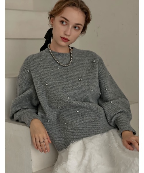 MEISM（ミズム）の「[MEISM by Re:EDIT][2025AW COLLECTION]畦編みビジューニットトップス（ニット/セーター・レディース・ホワイト/ブラック/グレー・MEDIUM/LARGE）」の3枚目の写真