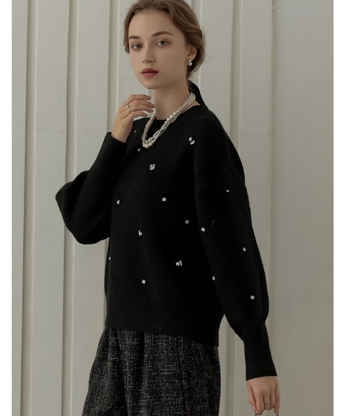 MEISM（ミズム）の「[MEISM by Re:EDIT][2025AW COLLECTION]畦編みビジューニットトップス（ニット/セーター・レディース・ホワイト/ブラック/グレー・MEDIUM/LARGE）」の5枚目の写真