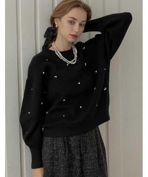 MEISM by Re:EDIT][2025AW COLLECTION]畦編みビジューニットトップス