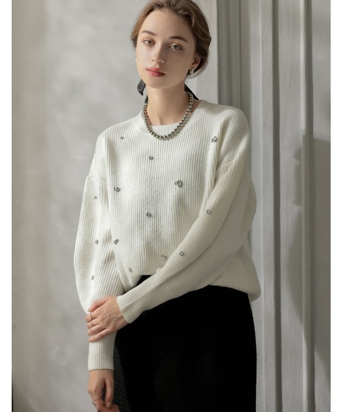 MEISM（ミズム）の「[MEISM by Re:EDIT][2025AW COLLECTION]畦編みビジューニットトップス（ニット/セーター・レディース・ホワイト/ブラック/グレー・MEDIUM/LARGE）」の11枚目の写真