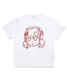 ドローイングスターガールプリントオーバーサイズ半袖Tシャツホワイト