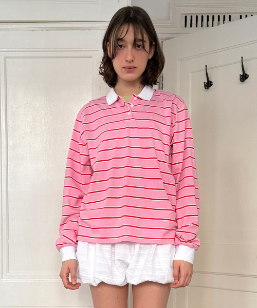 SINOON(シヌーン)の「Stripe PK Shirt (Pink)(ポロシャツ・レディース・ピンク・FREE)」の1枚目の写真