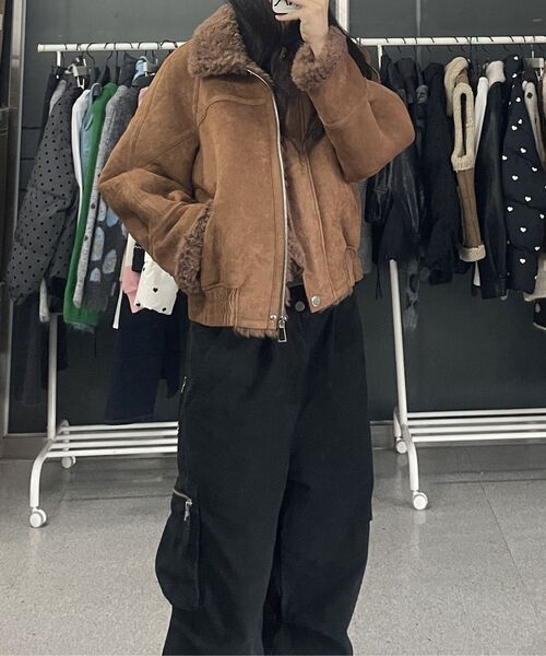 セール】フェイクスエードブルゾンムートン[キャメル]（ムートンコート