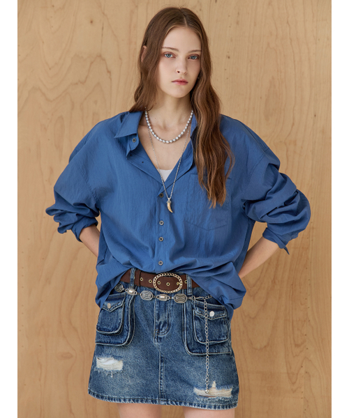 MAXZA(マージャコレクション)の「ダブルボタンルーズフィットコンパクトソリッドコットンシャツ(シャツ/ブラウス・レディース・ブルー・FREE)」の3枚目の写真