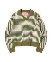 W STRIPE COLLAR KNIT [KHAKI]