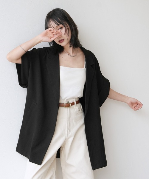 Yeoun(ヨウン)の「リネンライクドルマンビッグジャケット【セットアップ対応】(テーラードジャケット・レディース・ブラック/ベージュ/アイボリー・FREE)」の4枚目の写真