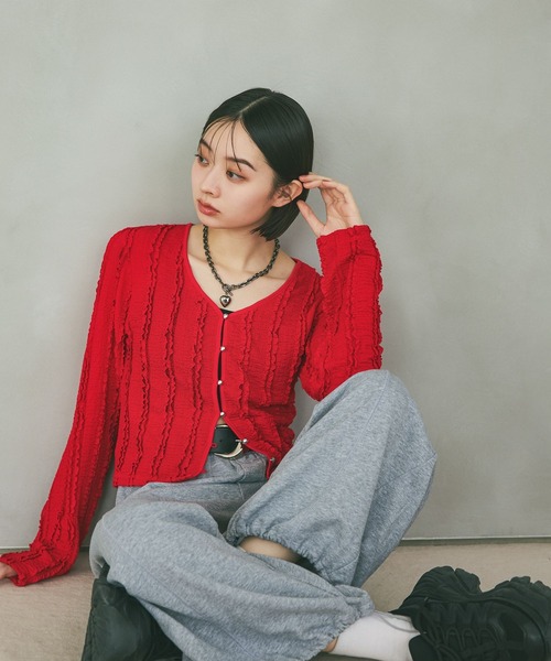 PAGEBOY（ページボーイ）の「フリルカットジャガードロングスリーブ（Tシャツ/カットソー・レディース・レッド/オフホワイト/ブラック・FREE）」の9枚目の写真