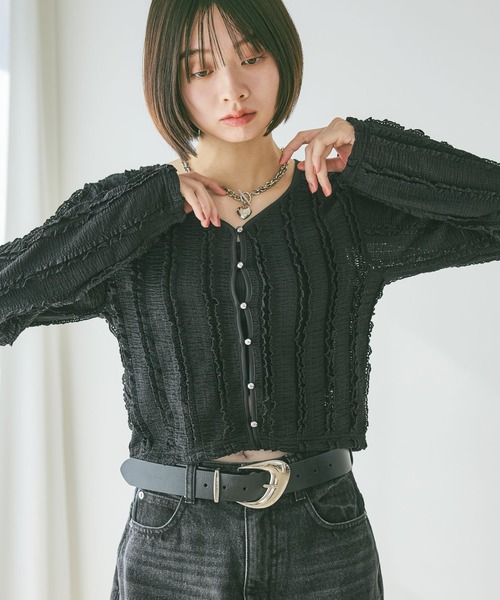 PAGEBOY（ページボーイ）の「フリルカットジャガードロングスリーブ（Tシャツ/カットソー・レディース・レッド/オフホワイト/ブラック・FREE）」の4枚目の写真