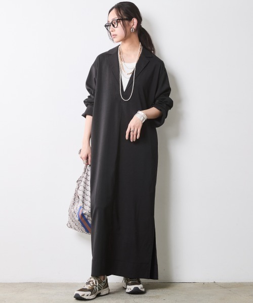 CHIC STYLE（シックスタイル）の「テーラードカラーロングワンピース＜大きいサイズ有＞シックスタイル（ワンピース・レディース・ベージュ/ブラック・M/L/LL/3L/4L/5L）」の2枚目の写真