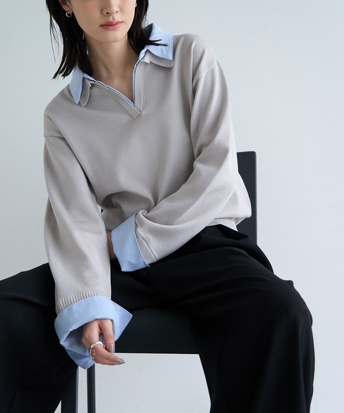 meilmada（メイルマダ）の「シャツ襟ドッキングニット（ニット/セーター・レディース・グレー/ライトイエロー・FREE）」の2枚目の写真