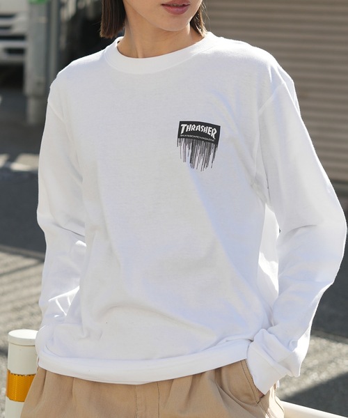THRASHER(スラッシャー)の「Dripped BOX LOGO L/S T-SHIRTS/THRASHER スラッシャー ドリップロゴ長袖Tシャツ(Tシャツ/カットソー・メンズ・ブラック×ホワイト/ホワイト×ブラック・X-LARGE/LARGE/MEDIUM/SMALL)」の1枚目の写真