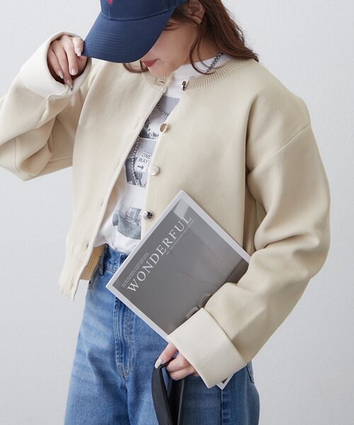 Remind me and forever（リマインドミーアンドフォーエバー）の「【もちもち感が魅力】配色デザインスポンディッシュカーディガン（カーディガン/ボレロ・レディース・アイボリー/ライトグレー/ベージュ/ネイビー・FREE）」の4枚目の写真