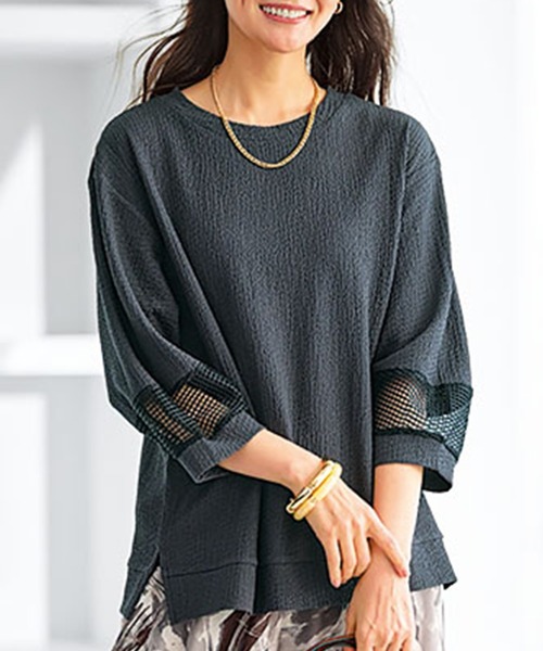 BELLUNA PLUS(ベルーナ)の「ジャカード素材袖メッシュプルオーバー(Tシャツ/カットソー・レディース・チャコール/ネイビー/ペールイエロー/ワイン・X-LARGE/MEDIUM/LARGE)」の2枚目の写真